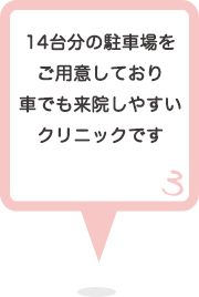 3 14台分の駐車場をご用意しており車でも来院しやすいクリニックです